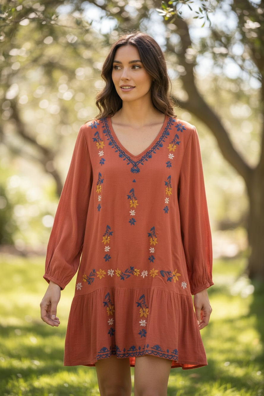 Mimi + Daphne Embroidered Floral Tunic Dress Size Large Boho Chic Babydoll